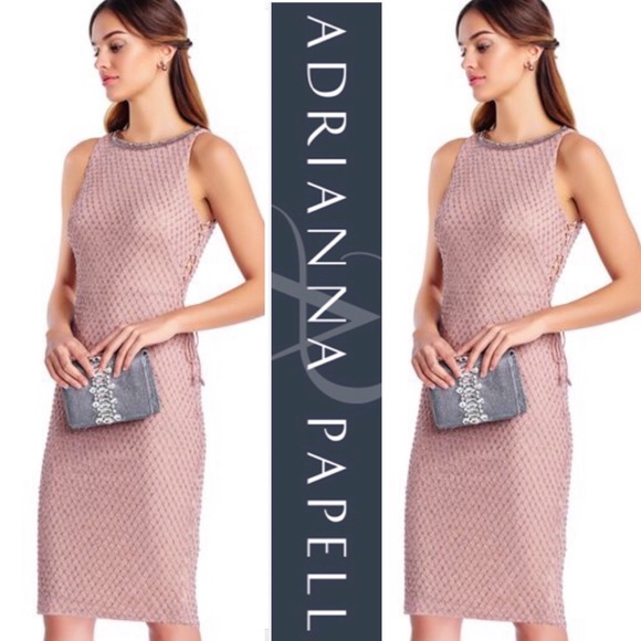 Adrianna papell Beaded mesh dress w/ lace up sides & adorned neck - Picture 2 of 4